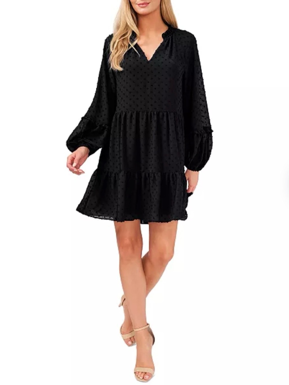 CeCe Black Swiss Dot Ruffle Neck Blouse